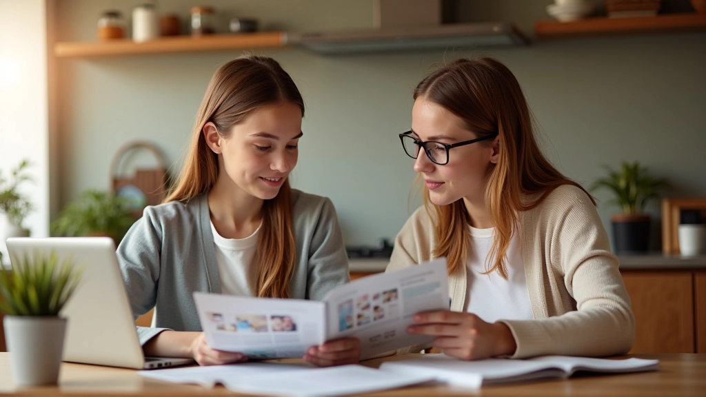 Parent and teenage student reviewing university options together at kitchen table with laptop