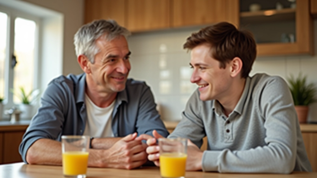 Parent and teenager discussing work experience preparation and career interests over coffee at home