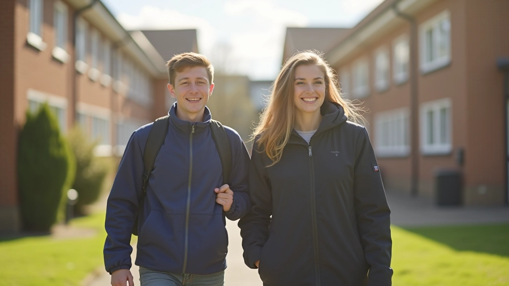 Parent and teenager walking through secondary school campus grounds, exploring the school environment together