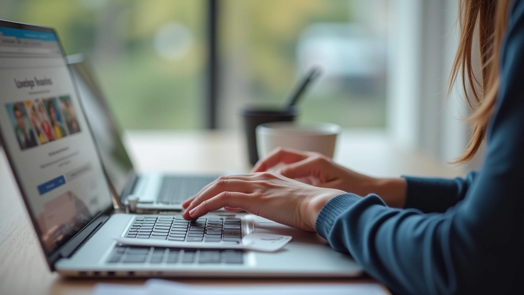 Close-up of hands typing on laptop keyboard, computer screen showing university website