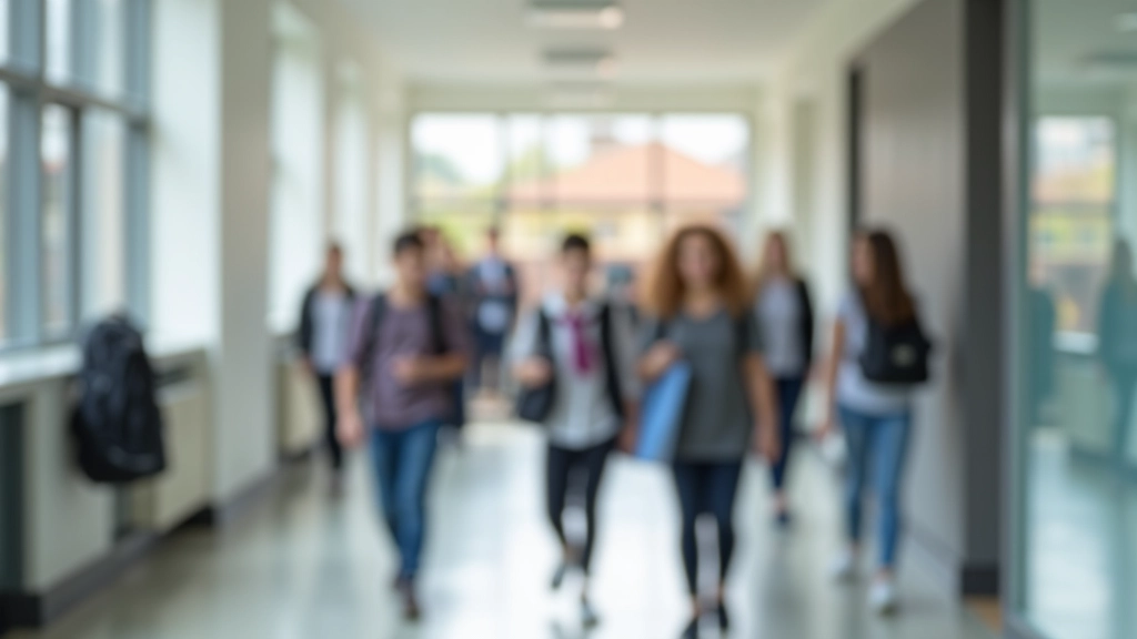 Secondary school hallway with students walking between classes, natural lighting from windows