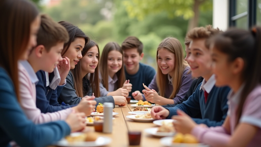 Group of secondary school students of different backgrounds sitting together during lunch break, engaged and smiling