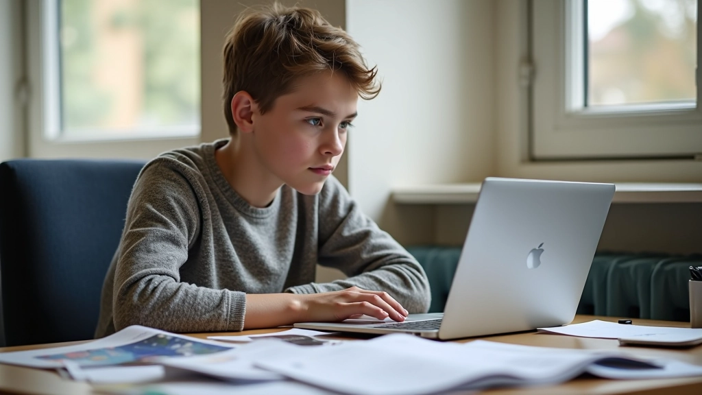 Student looking at university prospectus materials spread across desk with laptop showing university websites