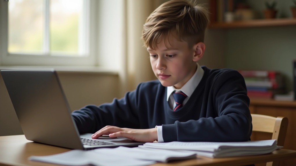 Teenager completing university application form on laptop at desk