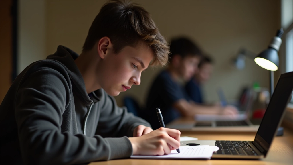 Teenage student typing personal statement on laptop, visible text on screen, thoughtful expression