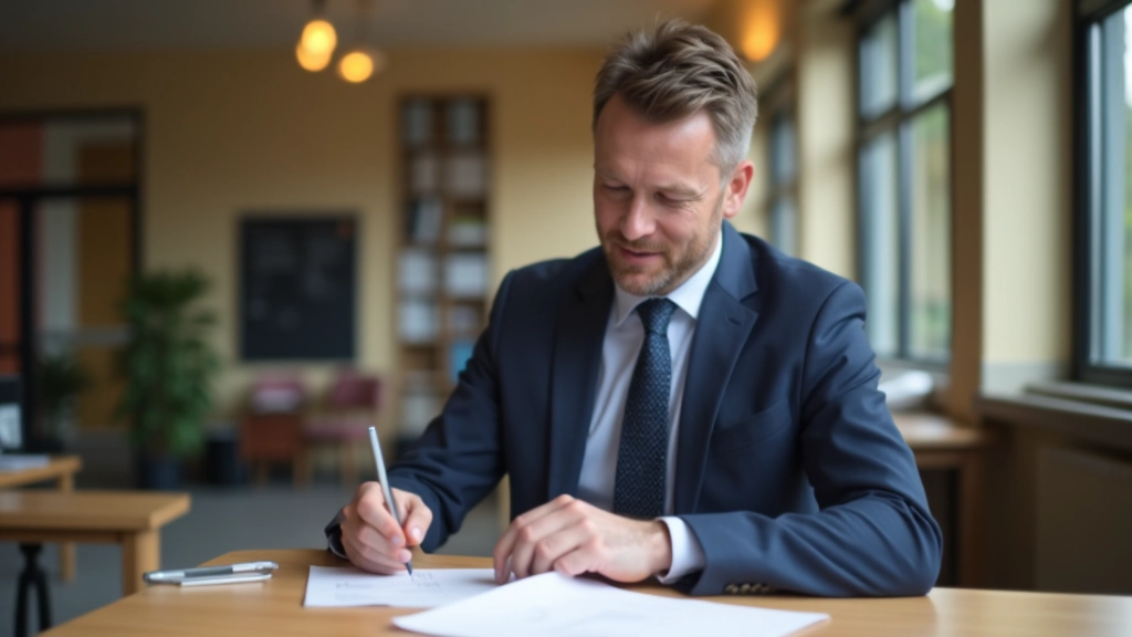University admissions officer reviewing student applications and extracurricular achievements at desk